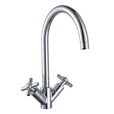 High Gooseneck Neck Brass Spout Dual Cross Zinc Handle Swiveling Spout Kitchen Faucet