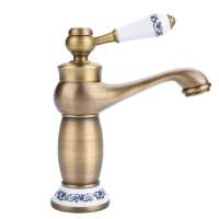 Ceramic Antique Brass Faucet Bathroom Sink Blue White Porcelain Long Neck Vintage Mixer Sink Kitchen Cold Hot Water Basin Tap